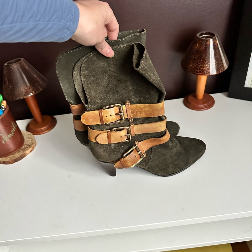 Rebecca Minkoff Green and Tan Heeled Boots with Buckle Straps
